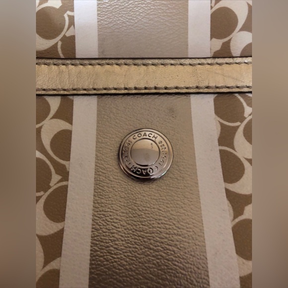 COACH Heritage Signature Stripe Gold Tote Double Handle Handbag Purse - Picture 4 of 16
